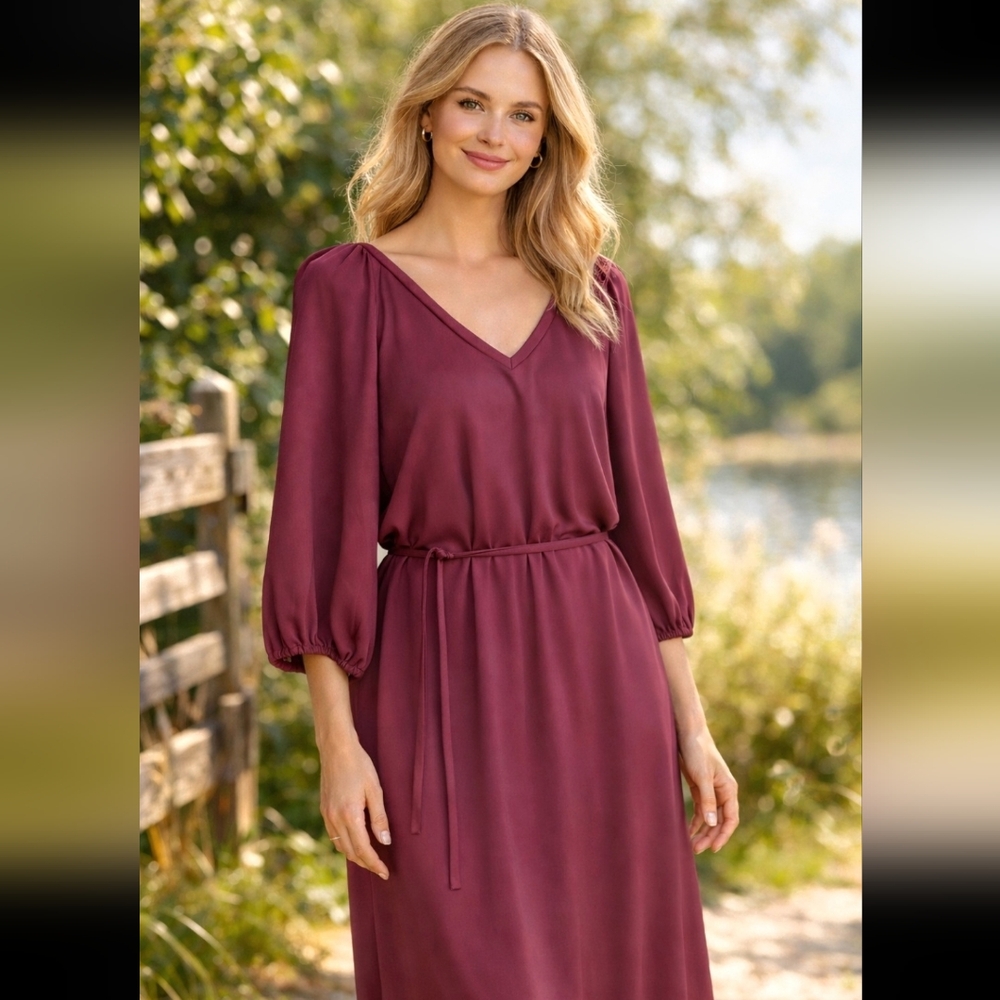 NWT Part Two Copenhagen Rema Dress 3/4 Sleeves V-Neck Burgundy Tencil Modal Med